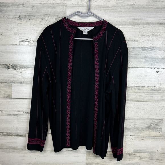 Ming Wang Size XL Black Knit Open Cardigan Jacket Satin Ruffle Trim Braided - Picture 1 of 8